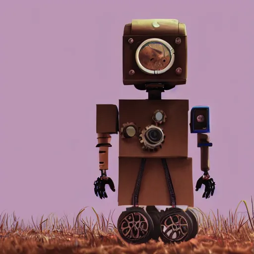 Prompt: a steampunk robot made of a cardboard box, crayon face, walking through the forest, dof, cinematic lighting, hyperrealistic, extremely detailed, 8k, artstation,