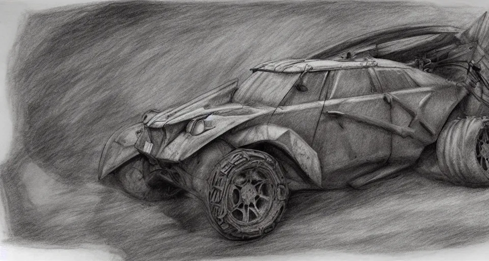 Image similar to graphite drawing of a stylized cartoony fury road car