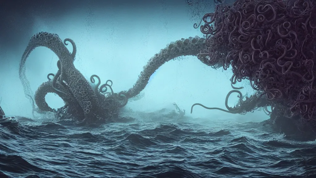 Image similar to a huge tentacled monster of the deep emerges out of the crashing waves to attack a small fishing boat, horror, trending on artstation, rendered in octane, global illumination