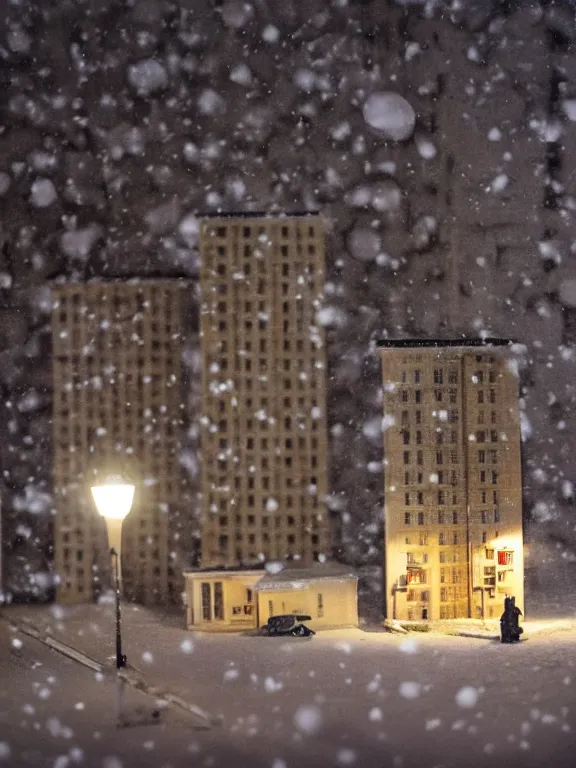 Image similar to detailed miniature diorama a soviet residential building, brutalism architecture, warm lights are on in the windows, man lies in the snow, dark night, fog, winter, blizzard, cozy and peaceful atmosphere, row of street lamps with warm orange light, several birches nearby