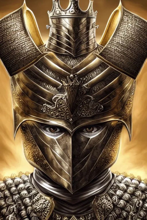 Image similar to Hyper-realistic upper-body Portrait of the King of the Desert, Warrior knight, Silver Armour and Gold Crown, Sword, handsome attractive face, beautiful face, photo realistic, dramatic lighting, majestic, trending on artstation, elegant, intricate, highly detailed, digital painting, concept art, sharp focus, illustration, art by artgerm and greg rutkowski and alphonse mucha