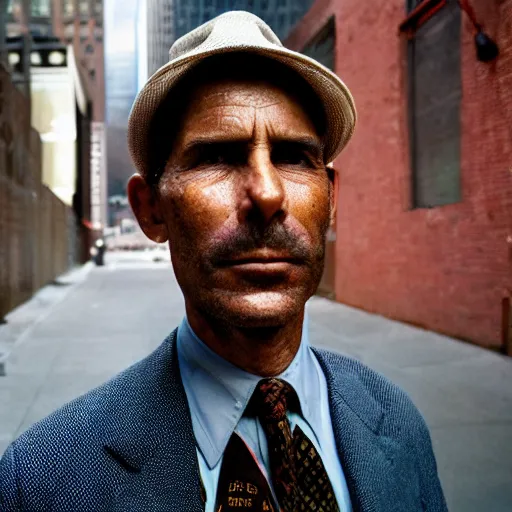 Prompt: closeup portrait of a snake oil salesman in a smoky new york back street, photograph, magazine, press, photo, Steve McCurry and David Lazar, Canon, Nikon,