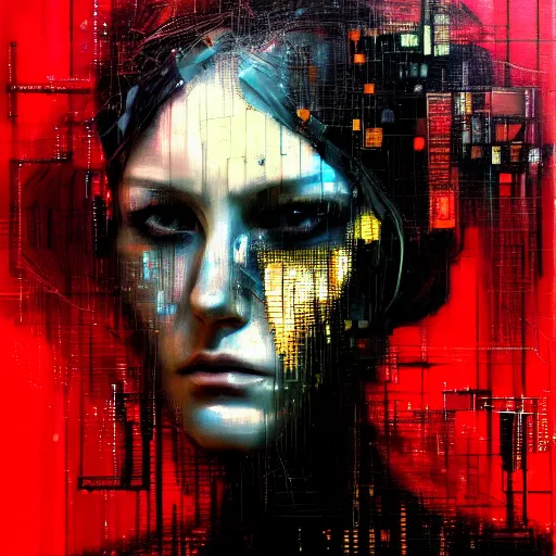 Prompt: hyperrealistic portrait of a mysterious cyberpunk woman, by Guy Denning, Johannes Itten, Russ Mills, glitch art, hacking effects, glitch effects, digital tech effects, cybernetics, detailed lings, chromatic, color blocking!, oil on canvas, octane, concept art, abstract, red face, 8k, trending on artstation