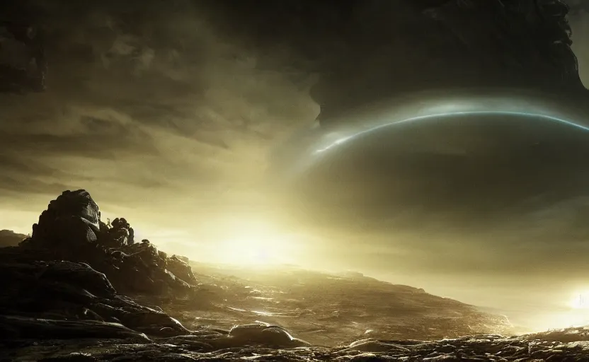 Prompt: an extraterrestrial spaceship exiting the end of the worm hole with planet earth in sight, in the style of prometheus, epic scene, extremely detailed masterpiece, extremely moody lighting, glowing light and shadow, atmospheric, shadowy, cinematic, god lighting