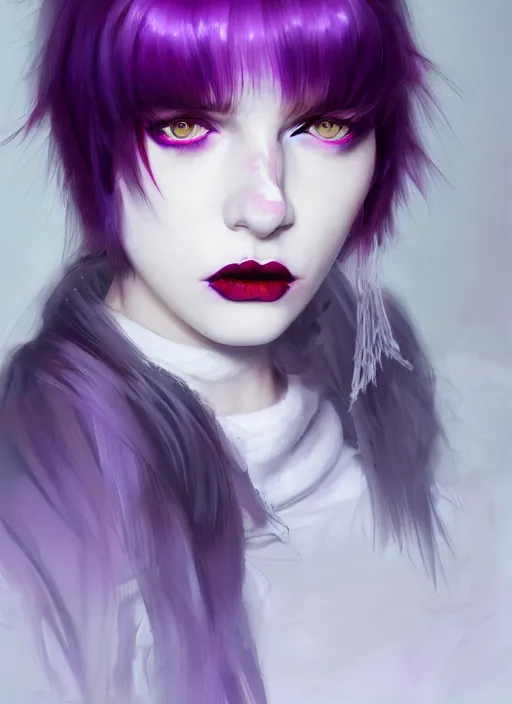 Image similar to portrait of white teenage girl, normal face, white bangs, mall goth, cyberlox, black and white hair, bangs, fluffy bangs, red contact lenses, purple lipstick, intricate, elegant, highly detailed, digital painting, artstation, concept art, sharp focus, smooth, illustration, art by wlop, mars ravelo and greg rutkowski