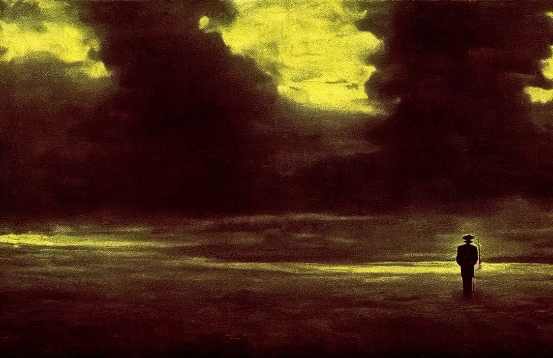 Image similar to implied lines purified sanctuary roger deakins cinematography the brush strokes merge imperceptibly intact flawless ambrotype from 4 k criterion collection remastered cinematography gory horror film, ominous lighting, evil theme wow photo realistic postprocessing detailed foreground painting by albert bierstadt