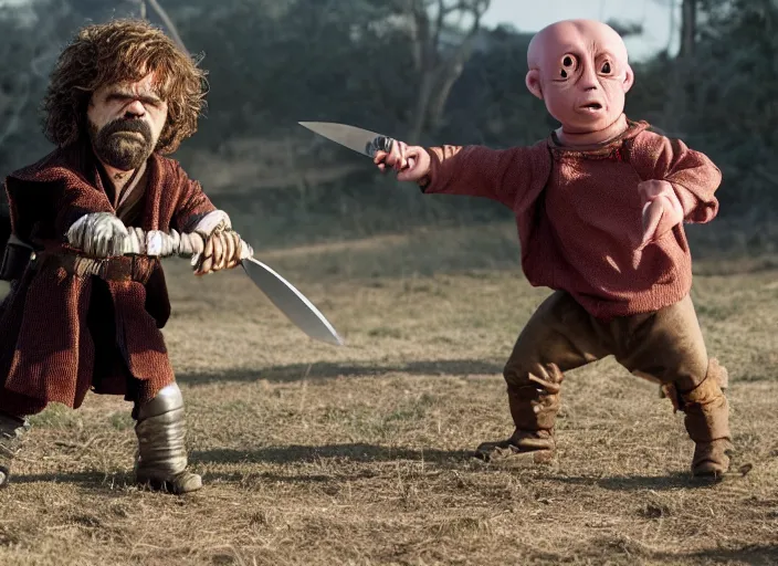 Prompt: peter dinklage knife fighting e. t. the extra - terrestrial, movie still, from the new toys r us movie, 8 k, realistic