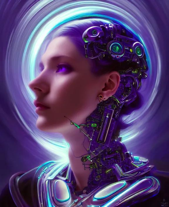 Image similar to a whirlwind of souls rushing inside the metaverse, hologram, half body, neurochip, shaved temple, piercing, jewelry, android, cyborg, cyberpunk face, by loish, d & d, fantasy, intricate, elegant, highly detailed, colorful, digital painting, artstation, concept art, art by artgerm and greg rutkowski and alphonse mucha