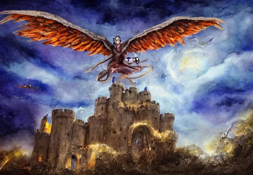 Prompt: legendary fire winged possum flying over a medieval castle under the dark starred sky, dark fantasy, watercolor, dreaming illusion, highly detailed, 4k, trending on Artstation, award-winning