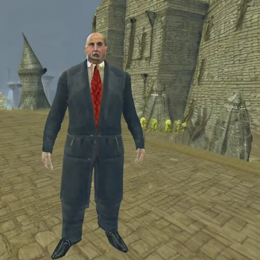 Image similar to Alexander Lukashenko wearing a suit and tie in Balmora in Elder Scrolls III: Morrowind, outdated 2002 Morrowind graphics, low definition, lowpoly