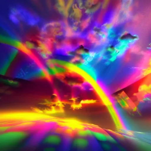 Image similar to psychedelic multicolor clouds, god rays, volumetric lighting, dynamic intricate ornate