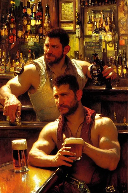 Prompt: chris redfield drinking beer in a bar, painting by gaston bussiere, craig mullins, greg rutkowski, alphonse mucha