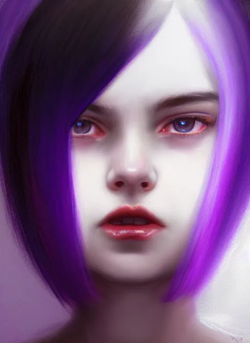 Image similar to hair whitebangs hair, black hair, whitebangs, portrait of teenage girl with white bangs, red irises, purple clothes, white bangs, bangs are different color from hair, intricate, elegant, glowing lights, highly detailed, digital painting, artstation, concept art, smooth, sharp focus, illustration, art by wlop, mars ravelo and greg rutkowski