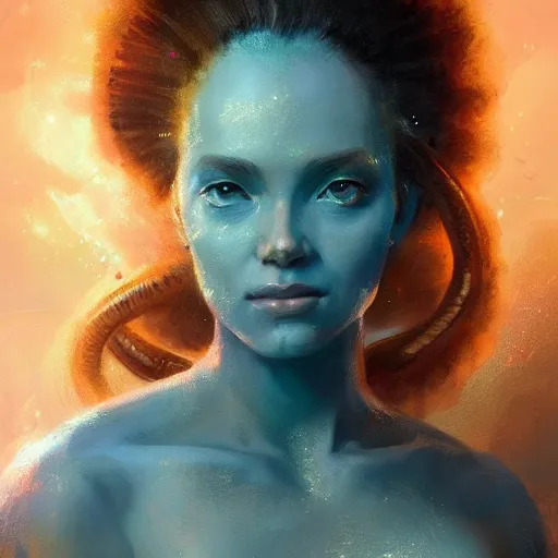 Prompt: a beautiful portrait of a cosmic goddess by Greg Rutkowski, Trending on Artstation, nebula background