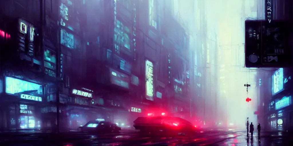 Prompt: beautiful painting by jeremy mann, cyberpunk street, neon signs, still from blade runner movie, desaturated, oil painting, perfect composition, detailed octane render trending on artstation, misty, ominous, unsettling, 8 k artistic photography, volumetric cinematic perfect light, wlop, artgerm, greg rutkowski