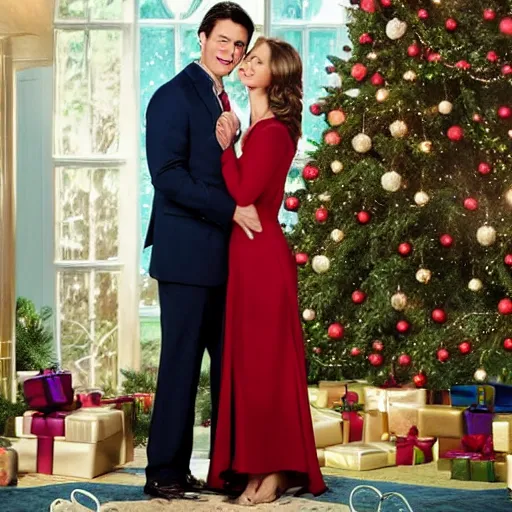 Image similar to hallmark made for tv Christmas movie scene where the couple is on top of the other couple unclothed and touching each other reality shot