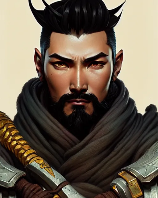 Image similar to hanzo from overwatch, character portrait, concept art, intricate details, highly detailed by greg rutkowski, michael whelan and gustave dore