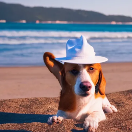 Image similar to Dog with white hat on the beach having a picknick