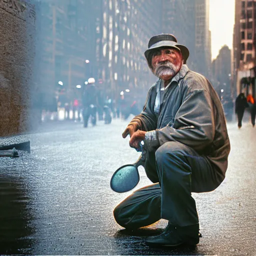 Prompt: closeup portrait of a man fishing in a manhole in a smoky new york street , by Annie Leibovitz and Steve McCurry, natural light, detailed face, CANON Eos C300, ƒ1.8, 35mm, 8K, medium-format print