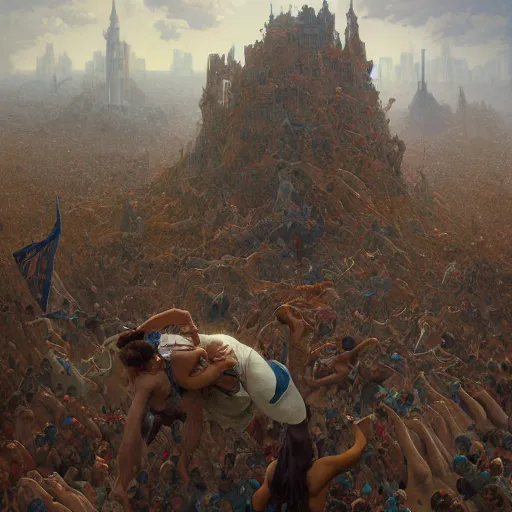 Image similar to hundreds of humans climbing on each other creating incredible surrealistic towers, highly detailed, digital painting, matte, sharp focus, art by wlop, greg rutkowski, alphonse mucha, frank frzetta, boris vallejo, bouguereau, beksinski, cinematic, octane render