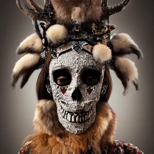 Image similar to hyperrealistic mixed media portrait portrait of a anthropomorphic norse mythology mimosa, wearing furry clothes and artifact head gear made of deer horn and skull bones embaded with jewels in the style of heilung an experimental folk music band, elegant, highly detailed, hyper realism, 4k, DSLR, artstation, smooth, sharp focus, octane render, 3d, good clear quality, lighting, biology, symmetrical artwork, perfect face, high detail, octane render W 832