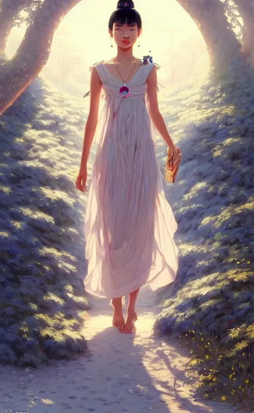 Image similar to a beautiful young charming asian goddess with sundress + jewelry + shinny eyes | | winter, symmetric, realistic shaded, unpleasant face, good looking, fine details, dior, lv, realistic shaded lighting poster by greg rutkowski, macoto takahashi, magali villeneuve, artgerm, jeremy lipkin and michael garmash