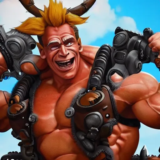 Image similar to a screenshot of junkrat arnold schwarzenegger as junkrat in overwatch