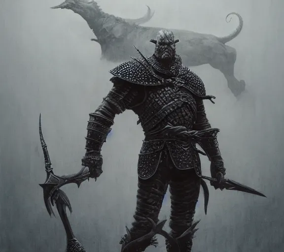 Prompt: bull warrior, full body concept, beksinski, wayne barlowe, adrian smith fantasy art, the hobbit art, lord of the ring art, the witcher concept art, trending on artstation, game of throne art