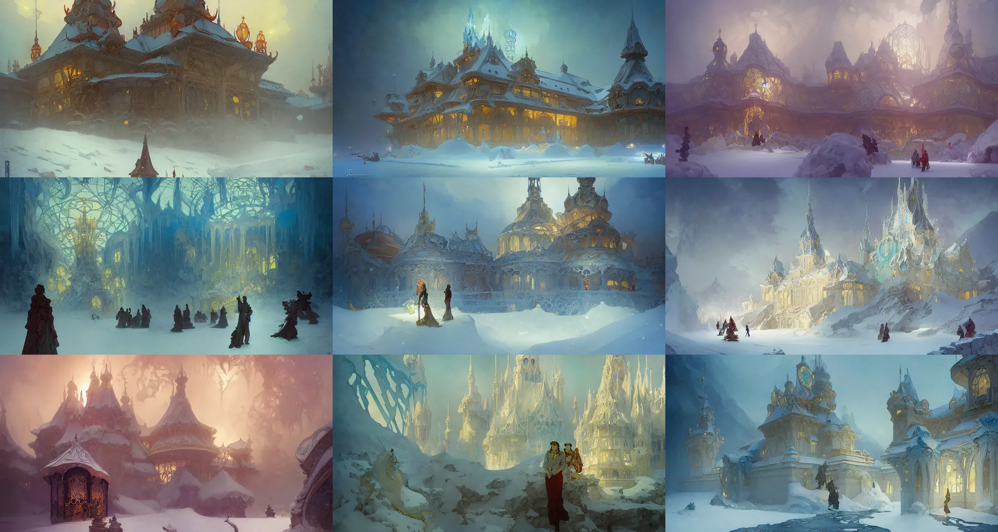 Prompt: ice palace, art nouveau architecture, fantasy, art by joseph leyendecker, peter mohrbacher, ivan aivazovsky, ruan jia, reza afshar, marc simonetti, alphonse mucha