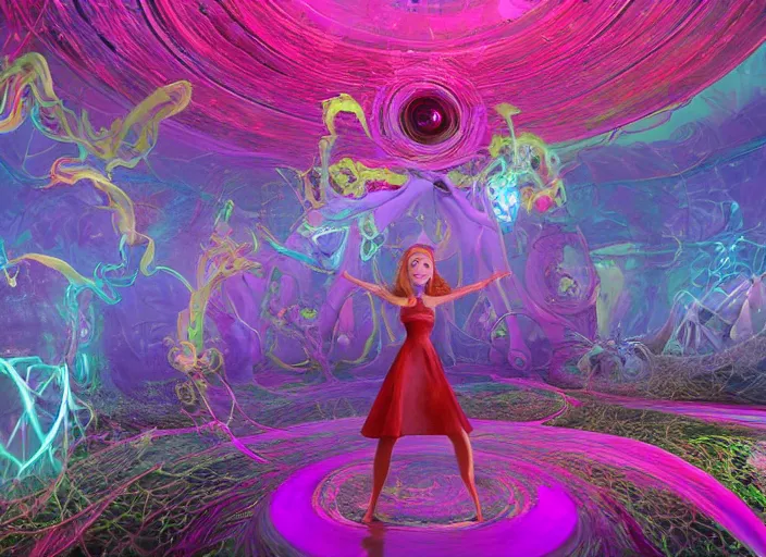 Prompt: vfx surreal 3 d portrait of alice from wonderland walking into a non - euclidean and infinite tunnel of evanescent hallucinatory images in endless mirrors that temporarily cling to a virtual node of experience called the self in an illusion called spacetime, hyperdetailed, octane render, by jeff soto and daniel merriam and pixar, nvidia raytracing demo