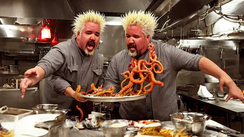 Image similar to guy fieri, turning into an eldritch horror monster, with tentacles, in a restaurant kitchen, film still from the movie directed by denis villeneuve with art direction by salvador dali