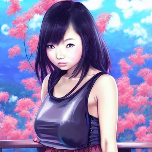 Image similar to a beautiful young japanese hitomi tanaka alluring instagram model in elaborate latex tank top, jrpg tank top made from latex demon faces, concept art by akira toriyama and wlop and ilya kuvshinov and artgerm and studio ghibli, aesthetic, gorgeous, stunning, alluring, attractive, artstation, deviantart, pinterest, digital art