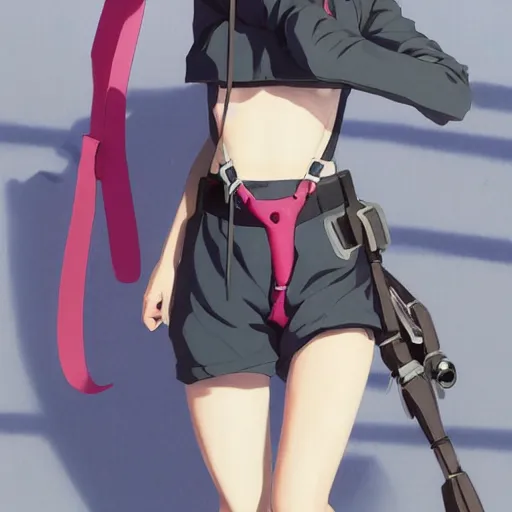 Image similar to a beautiful boyish natalie portman gravure model, wearing oversized pink suspender pants and transparent jet flight backpack, inflatable future shoes, future locomotive style, gapmoe yandere grimdark, trending on pixiv fanbox, painted by greg rutkowski makoto shinkai takashi takeuchi studio ghibli, akihiko yoshida,