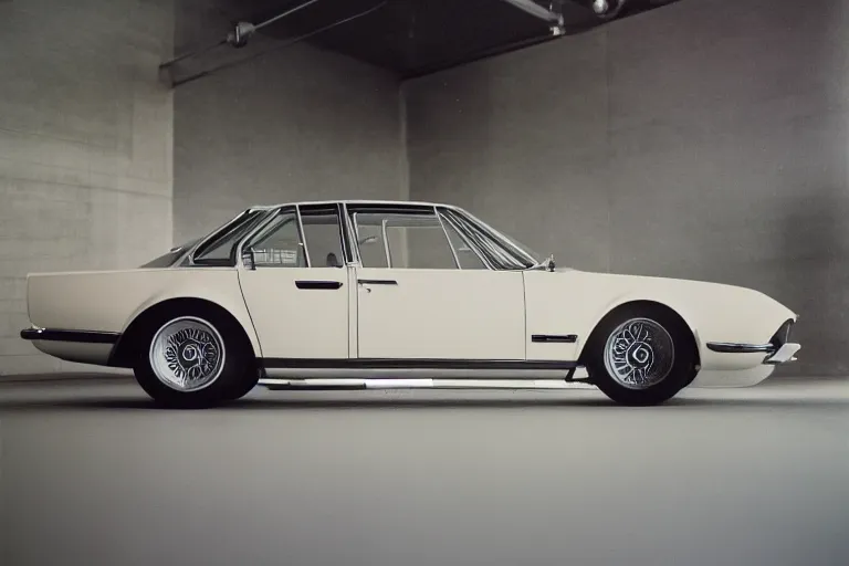 Image similar to single Formula 1, 1964 BMW M1 Lincoln Continental, inside of a minimalist Tokyo garage, ektachrome photograph, volumetric lighting, f8 aperture, cinematic Eastman 5384 film