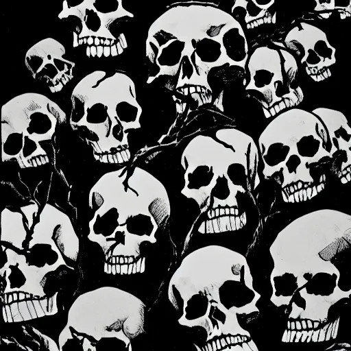 Image similar to Skulls lying under a dead tree. Close Up Shot, Dark Fantasy, Film Noir, Black and White. High Contrast, Mike Mignola, D&D, OSR