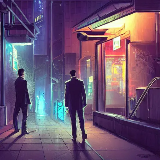 Image similar to two cyberpunk businessmen, detailed digital illustration by greg rutkowski, cyberpunk back alley, nighttime, colorful lighting