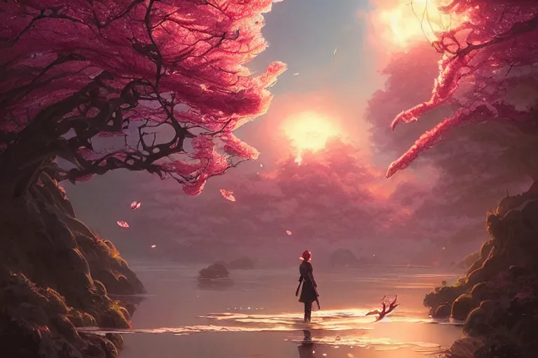 Image similar to dragon, cherry blossoms, thunder, unreal engine, fantasy art by greg rutkowski, loish, rhads, ferdinand knab, makoto shinkai and lois van baarle, ilya kuvshinov, rossdraws, tom bagshaw, global illumination, radiant light, detailed and intricate environment