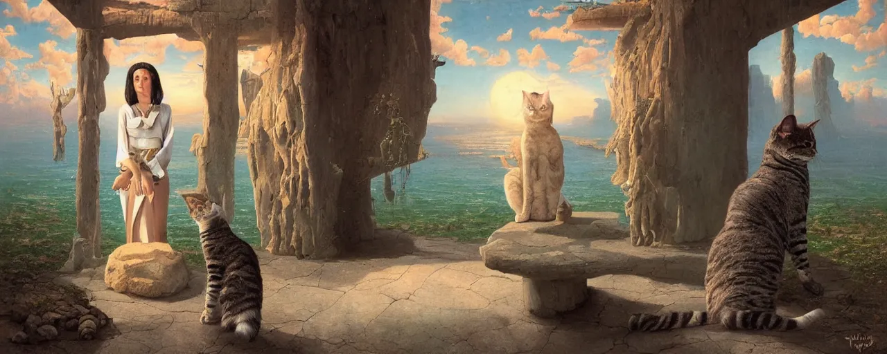 Prompt: Hyper realistic surrealism, art by David Friedrich, Kenne Gregoire, Eric Fortune and Tim Hildebrandt, a surreal vaporwave vaporwave vaporwave vaporwave painting of a young and tall woman in the form of a cat that contemplates the unreality of the mystery of her own existence, highly detailed award-winning masterpiece with incredible and beautiful details, trending on ArtStation –H 768