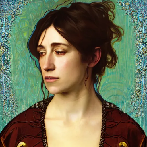 Image similar to portrait of charlotte gainsbourg as joan of arc, hyperreal digital painting, iconography influenced by alphonse mucha and eugene delacroix, arstation and deviantart trends, high resolution 8 k