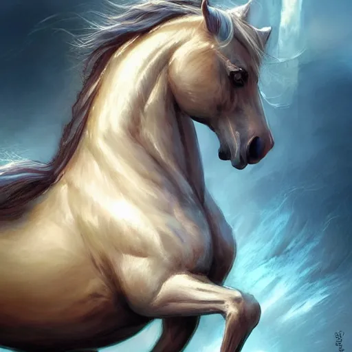 Image similar to a fantastical small horse made of water, liquid, fluid and foam, ethereal, noble, radiant, hyperalism, scottish folklore, digital painting, artstation, concept art, smooth, 8 k frostbite 3 engine, ultra detailed, art by artgerm and greg rutkowski and magali villeneuve