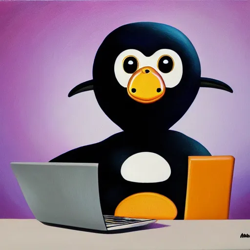 Prompt: pingu sitting behind a computer, painted by mark ryden, art, epic lighting