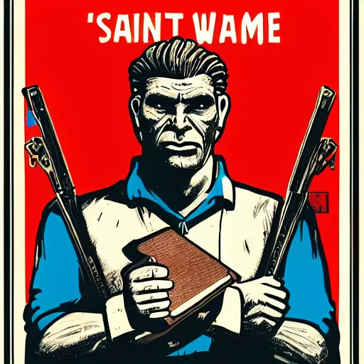 Image similar to saint homo neanderthalis, portrait, propaganda poster, with book of science on his right hand, and riffle, pop art, gta chinatown wars art style, bioshock infinite art style, hyperrealistic, two colors, white frame border, 4 k, uhd, remove duplicate content, align left.