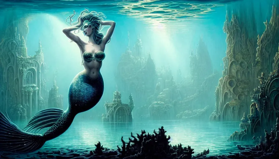 Prompt: a graceful mermaid looking at the sunken city of Atlantis deep under water, stunning undersea intricate detailed grand architecture in the style of Joe Fenton, art style by Greg Rutkowski and Mohrbacher, deep underwater scene, dark and moody, rays of sunlight, faint volumetric god rays, grim crushing atmosphere, trending on artstation, masterpiece, claustrophobic, 8k octane beautifully detailed render, post-processing, extremely hyperdetailed, intricate, epic composition, grim yet sparkling atmosphere, cinematic lighting + masterpiece, trending on artstation, very detailed