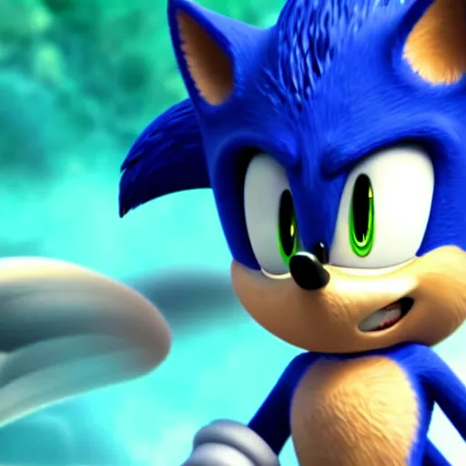 Prompt: stunning awe inspiring photorealistic sonic the hedgehog underwater gasping for air, movie still 8 k hdr atmospheric lighting