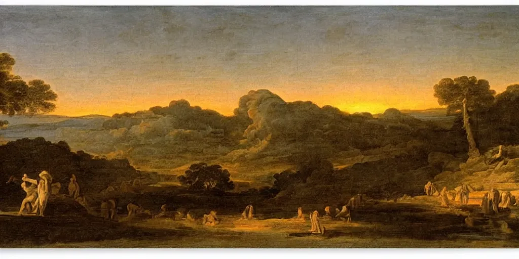 Prompt: where's wally at sunset in an exploding volcano seething, ethereal landscape, claude lorrain pastoral landscape