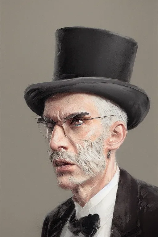 Prompt: a grey hair man with stubble top hat and suit by Greg Rutkowski, painting, portrait, high details, trending on artstation