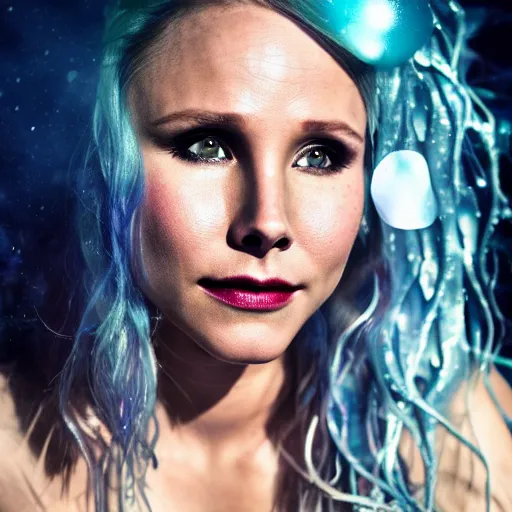 Prompt: Kristen Bell as a mermaid, grungy, unkept hair, glowing eyes, modelsociety, wet from rain, radiant skin, huge anime eyes, RTX on, bright on black, dramatic, studio lighting, perfect face, intricate, Sony a7R IV, symmetric balance, polarizing filter, Photolab, Lightroom, 4K, Dolby Vision, Photography Award