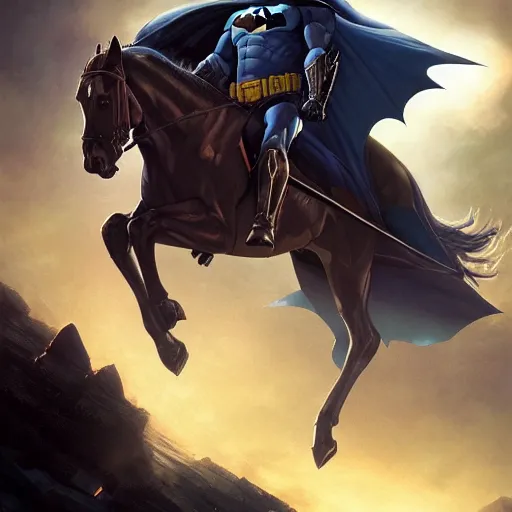 Image similar to centered portrait of Batman riding a horse in space, realistic character concept, high fantasy, light atmosphere, golden ratio, cinematic lighting, hyperdetailed, high resolution, insanely detailed and intricate, artstation, Marc Simonetti, Greg Rutkowski, octane render, 8k