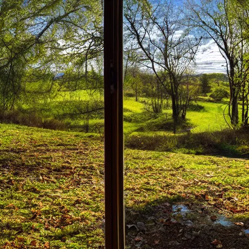 Prompt: a cinematic view looking out a window into an open field, wind blows the leaves, and the sun shines through the parted clouds, a small creek runs through the backyard