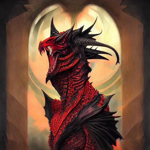 Image similar to Black dragon Kalameeth + Portrait beautiful face + Trending on Artstation + Incredible black and red gothic illustration + Exquisite detail, painterly